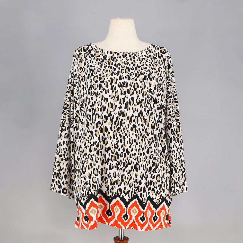 CHICO'S Leopard Contrast Geometric Border Long Sleeve Top Size 3 (US 16/18)